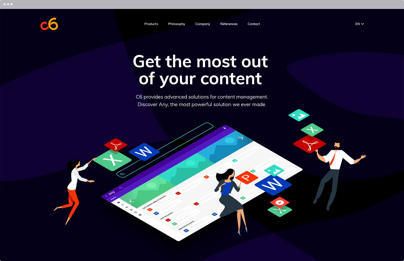 C6 CMS home page presenting the Any solution to optimize the management of corporate content and files.