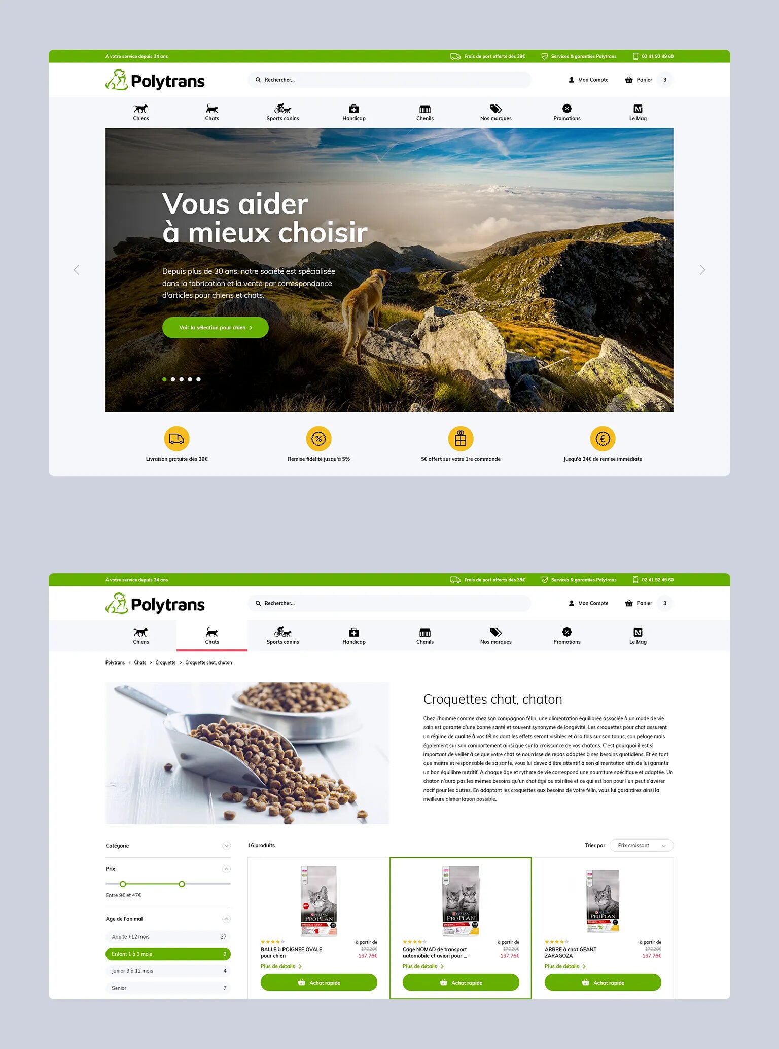 Polytrans homepage with e-commerce navigation, selection of items for dogs and cats, visual of dog in the mountains and customer benefits.
