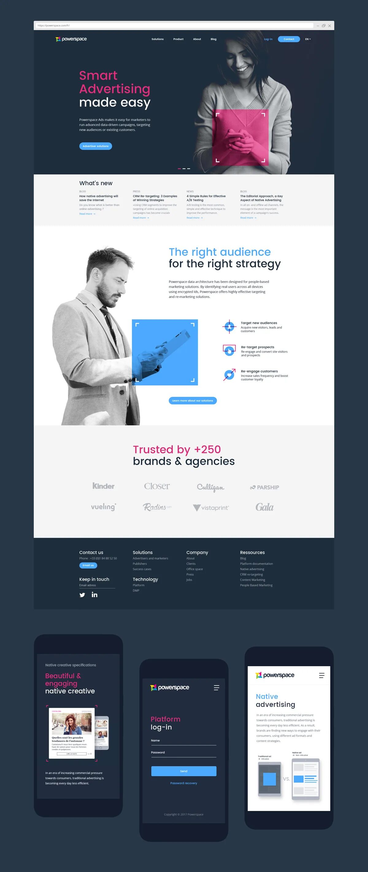 Powerspace homepage showcasing a smart advertising platform, with web interface, audience targeting, and data-driven digital marketing.