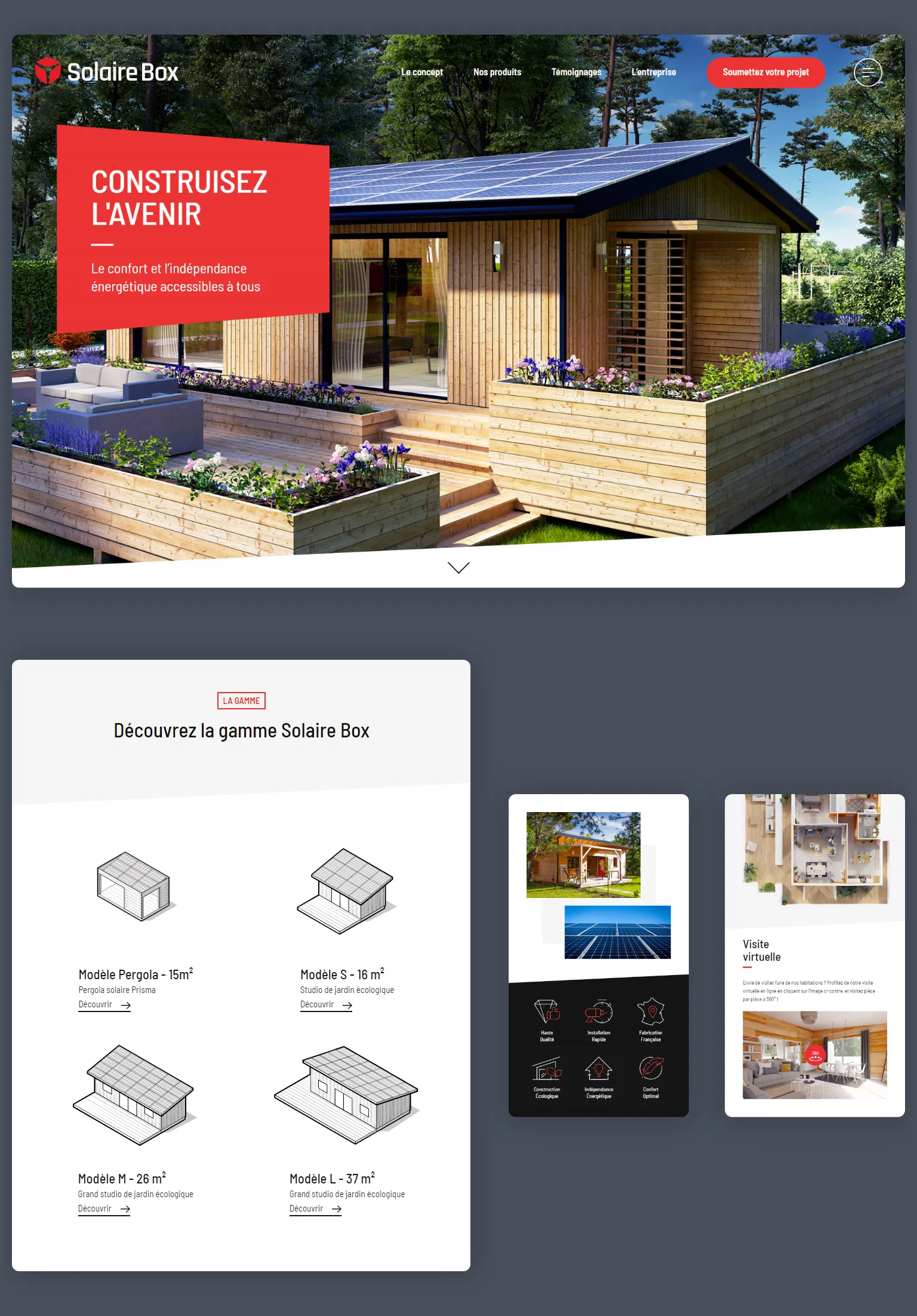 Solar Box homepage featuring an eco-friendly wooden house with solar panels, green terrace and "Build the future" message