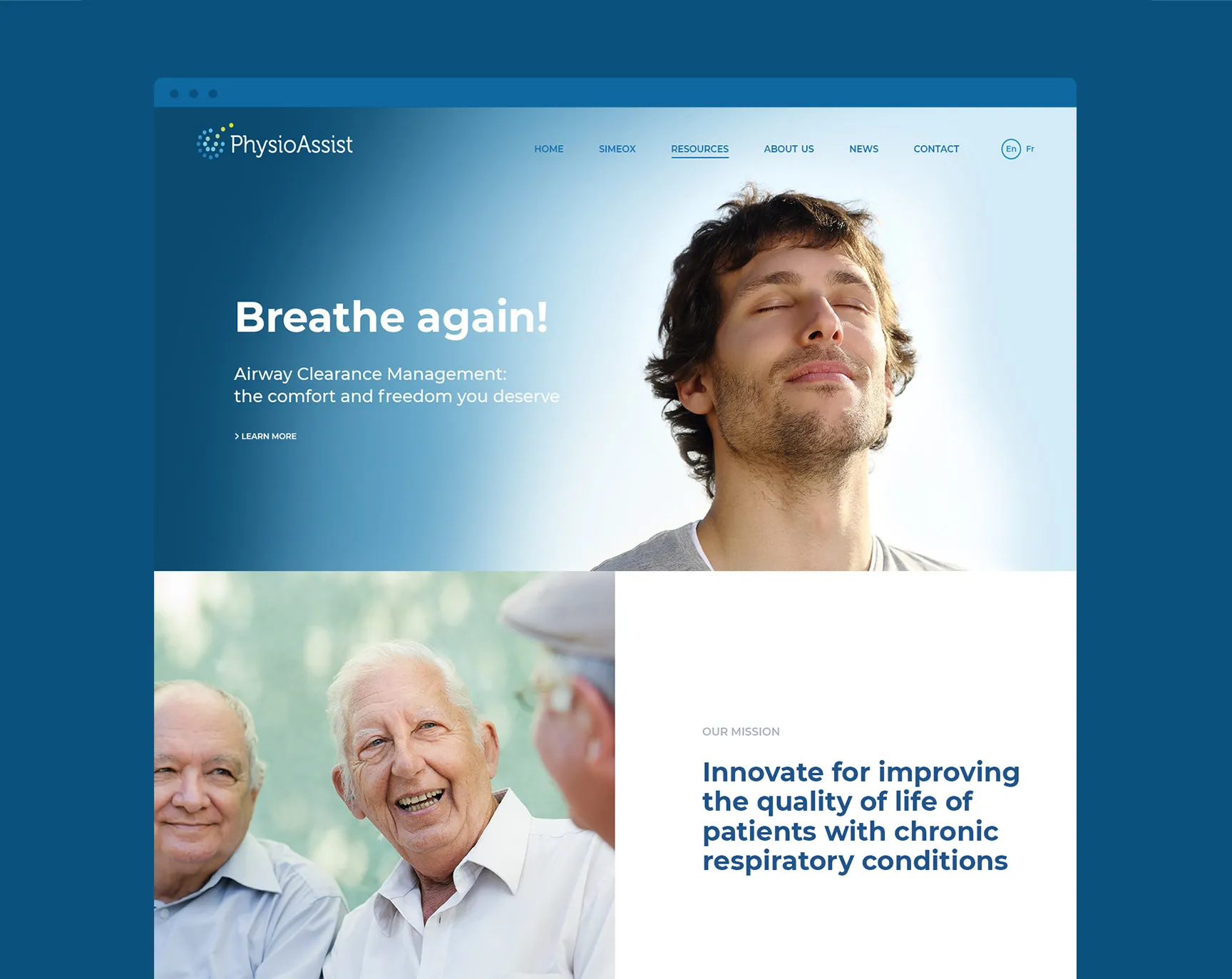 Desktop interface of the home page of the PhysioAssist website, bronchial decluttering solutions