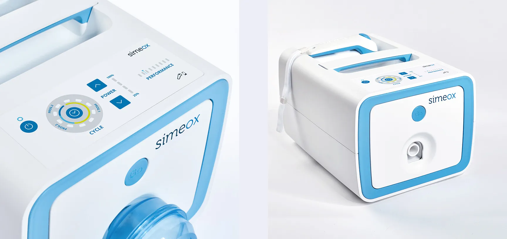 Two views of the white and blue Simeox respirator: a close-up of the control panel (cycle, power, performance buttons) and an overview of the medical box