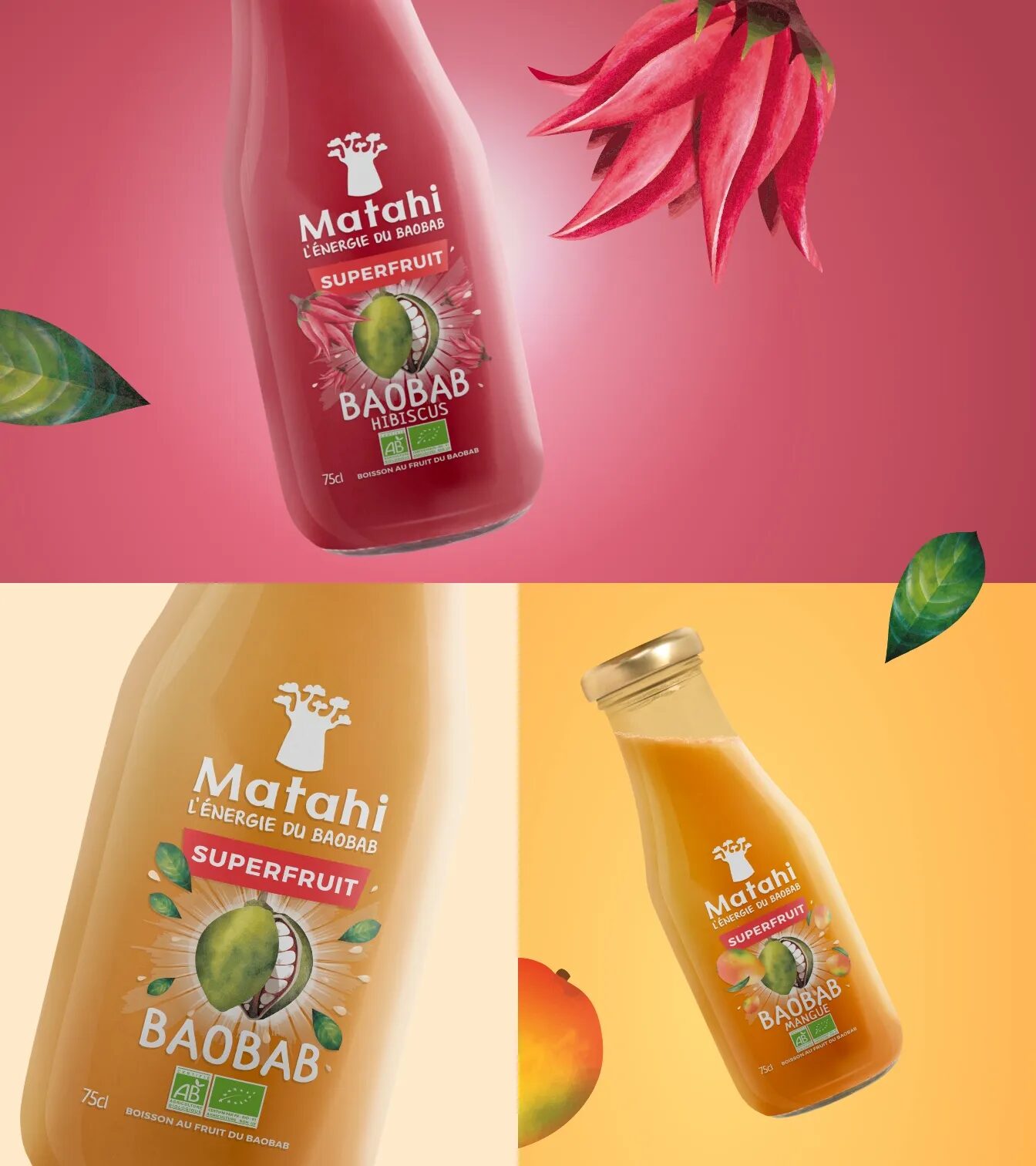 Bottles of organic drink Matathi with baobab, hibiscus and mango flavours, presented on coloured backgrounds with tropical fruits and illustrated leaves