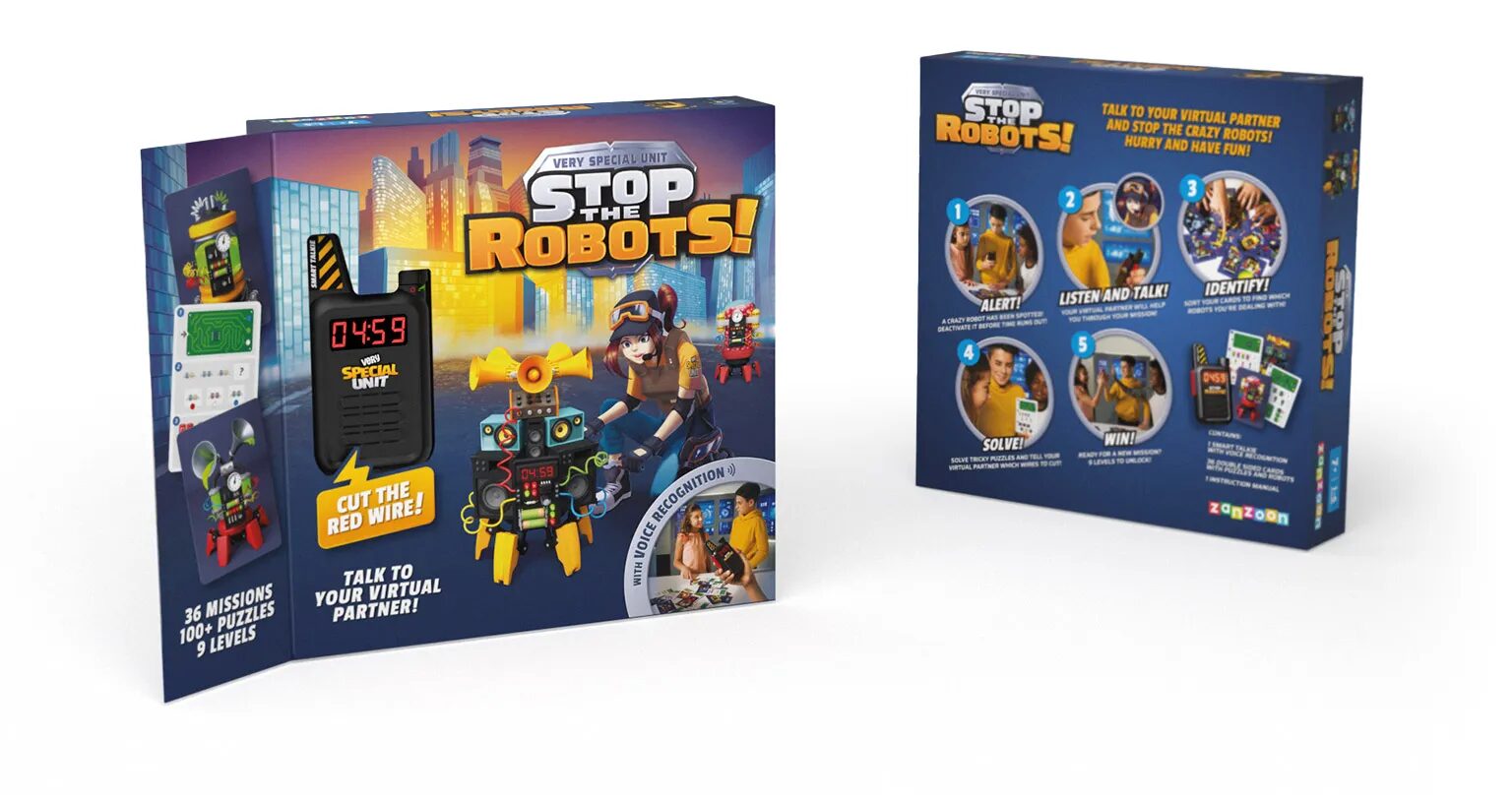 Boîte du jeu de société STOP THE ROBOTS! Zanzoon, showing the interactive front and back with the rules of the game