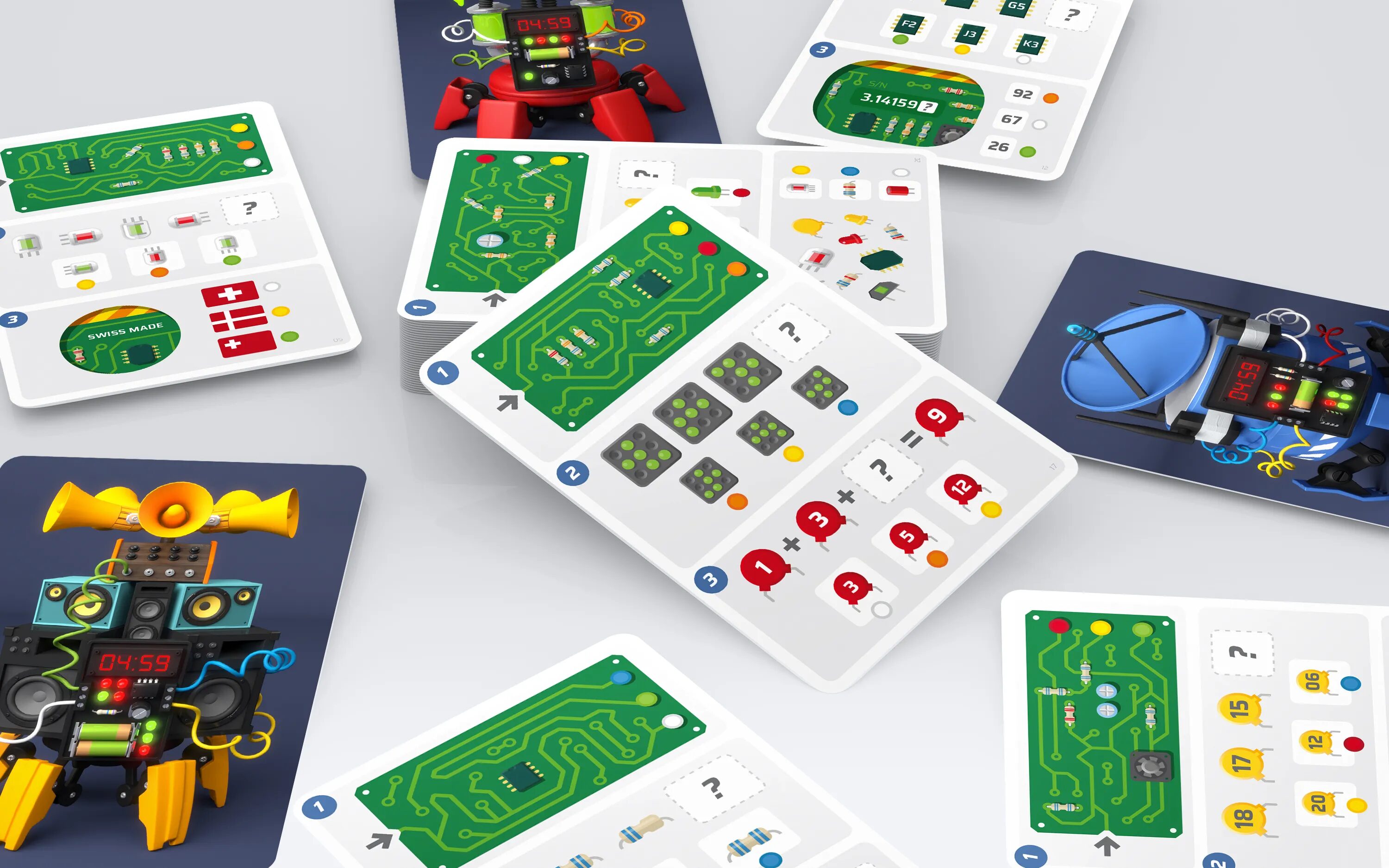 Cartes imprimées jeu Stop The Robots avec illustrations de robots colorés sur fond blanc, design jeu de société Cubedesigners