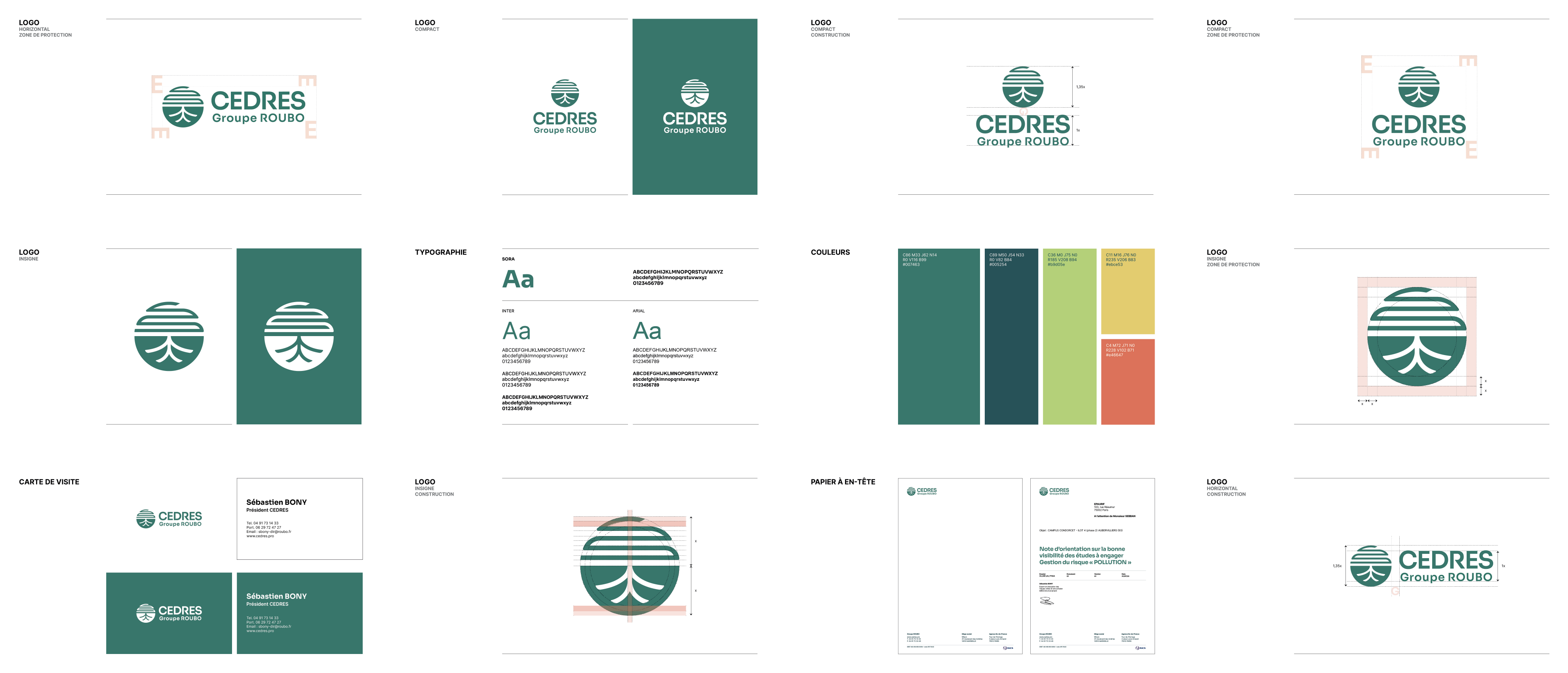 Excerpt from the Cèdres Groupe Roubo graphic charter presenting the rules for the use of the logo, typography, color palette and stationery materials
