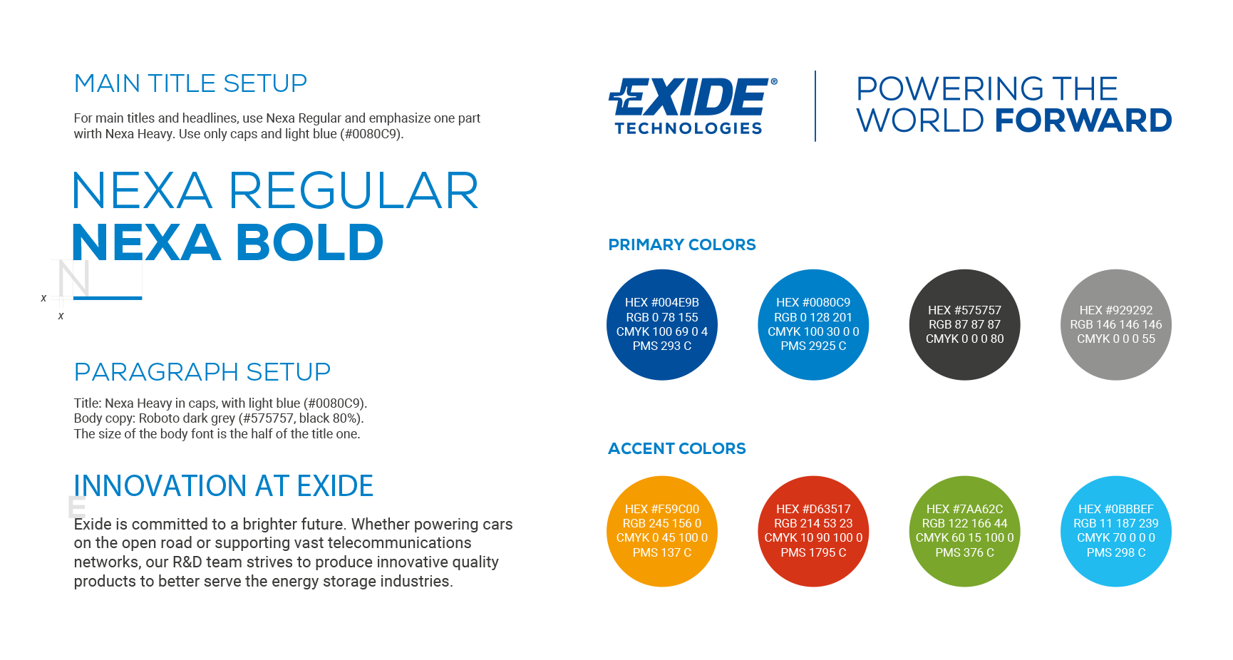 Official Exide Technologies brand guidelines with font and color specifications