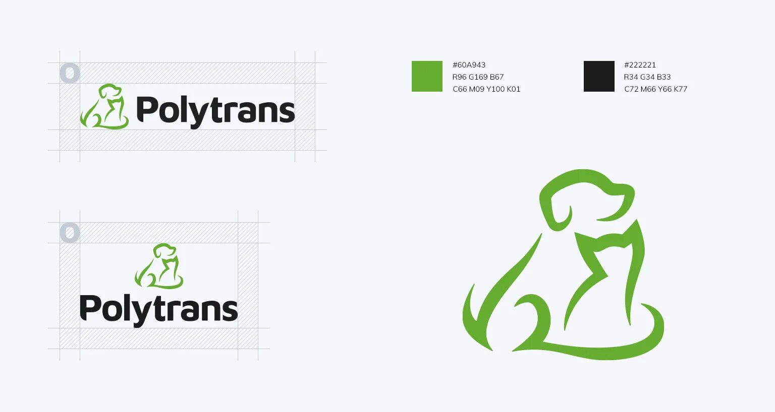 Graphic charter of the Polytrans logo with dog and cat pictogram, green and black brand colors, and rules for the construction of the logotype.