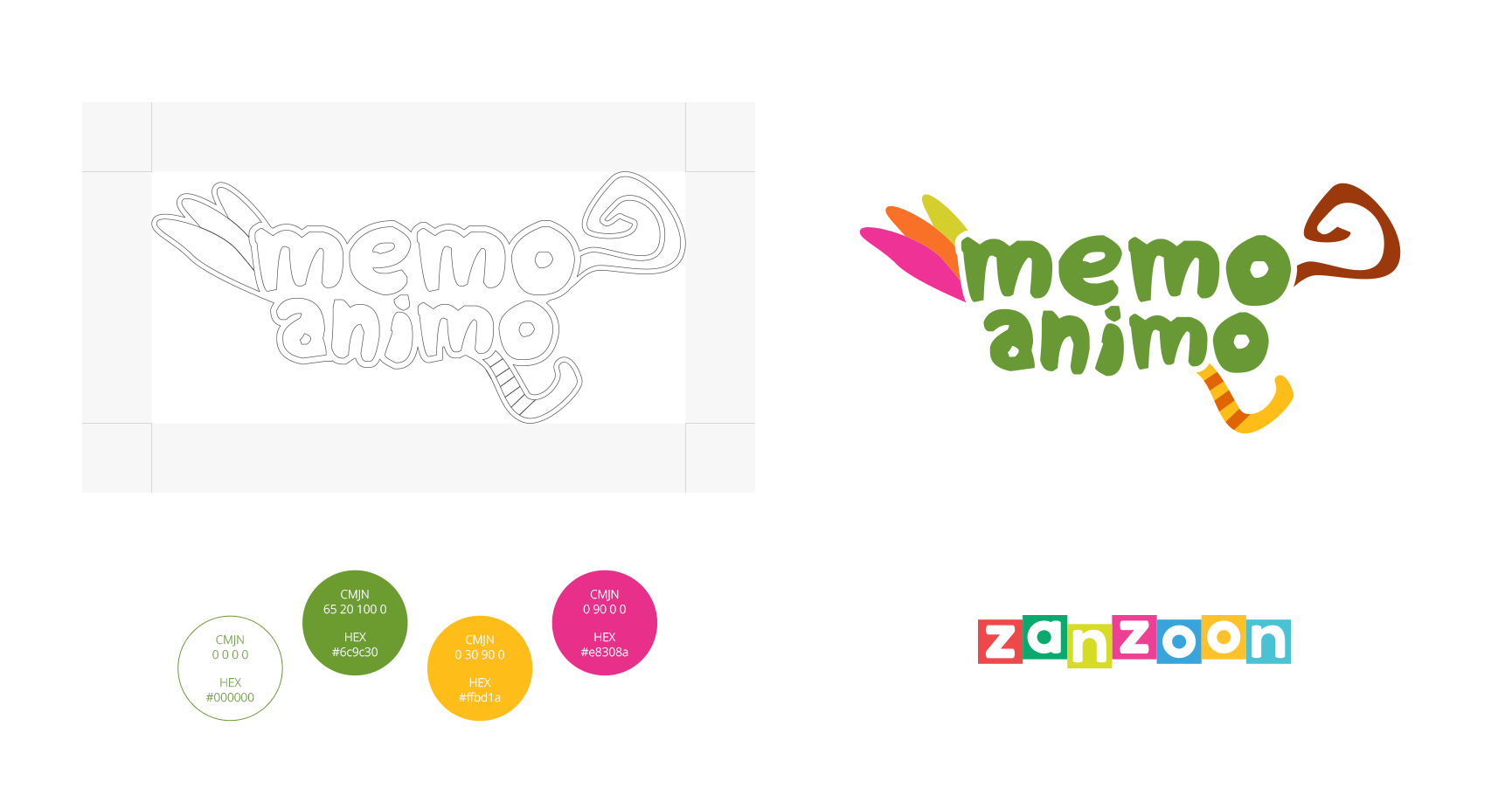 Memo Animo graphic charter featuring the logo, its wireframe version, the CMYK/HEX color palette and the ZanzooN logo