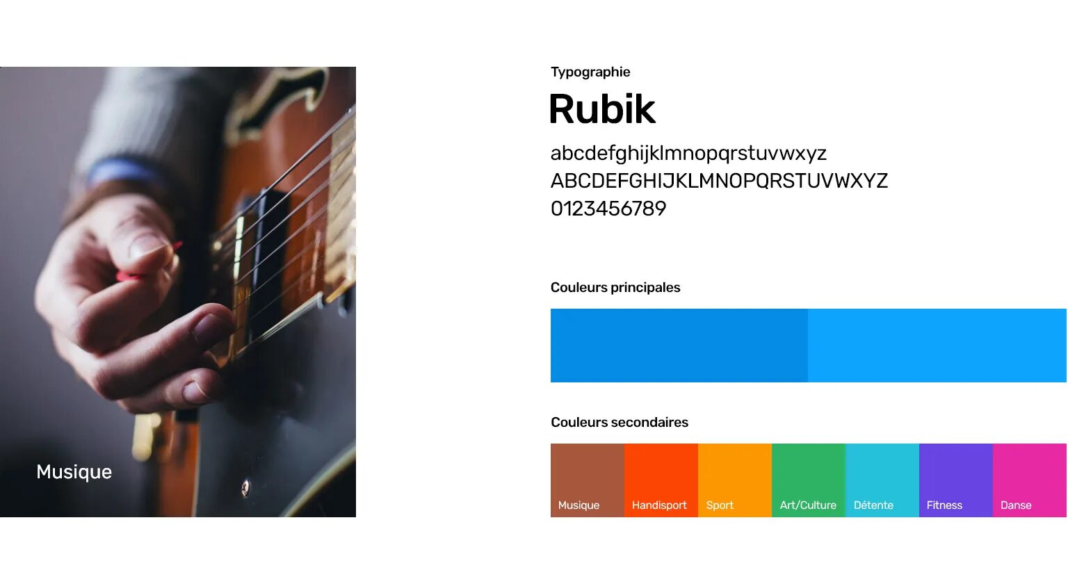 Mobby graphic charter featuring Rubik's typography, blue main colors and secondary colors associated with the categories music, disabled sports, sport, art/culture, relaxation, fitness and dance