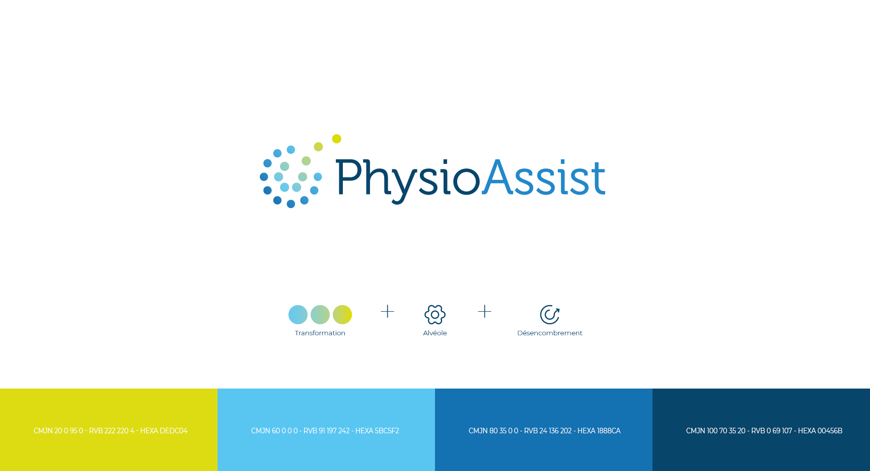 Official PhysioAssist graphic charter showing the genesis of the logo and the chromatic references