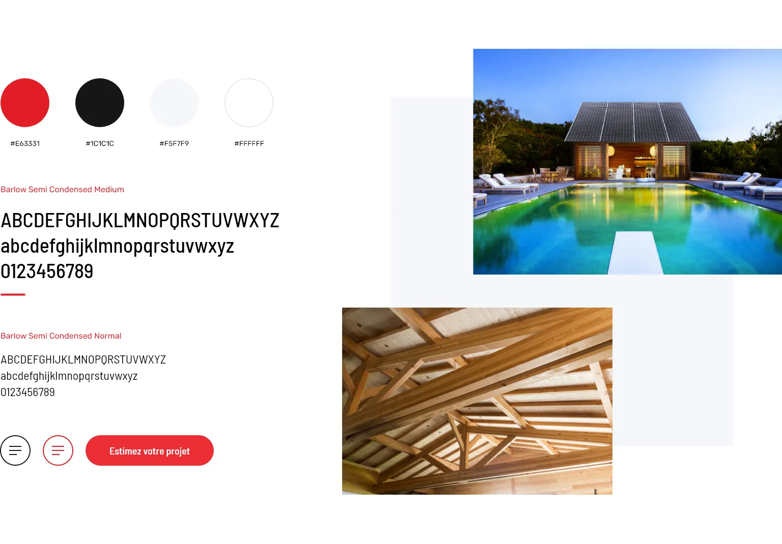Solaire Box graphic charter featuring the red, black, grey and white palette, Barlow Semi Condensed typography, sample buttons and green architecture visuals