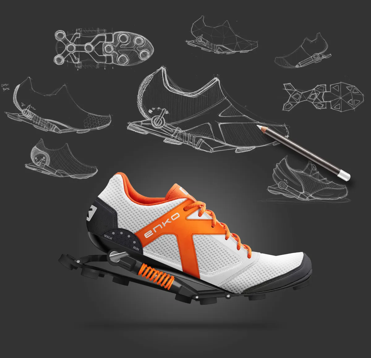 Enko product visual featuring a mechanically cushioned running shoe, with design sketch and white and orange sports design