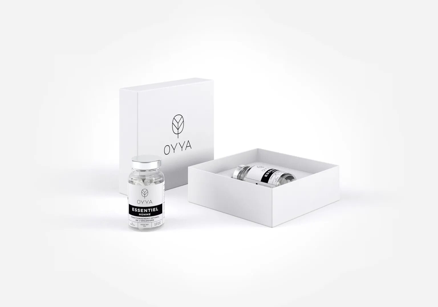 Oyya Essentiel Homme box with bottle of food supplements and white minimalist premium packaging.