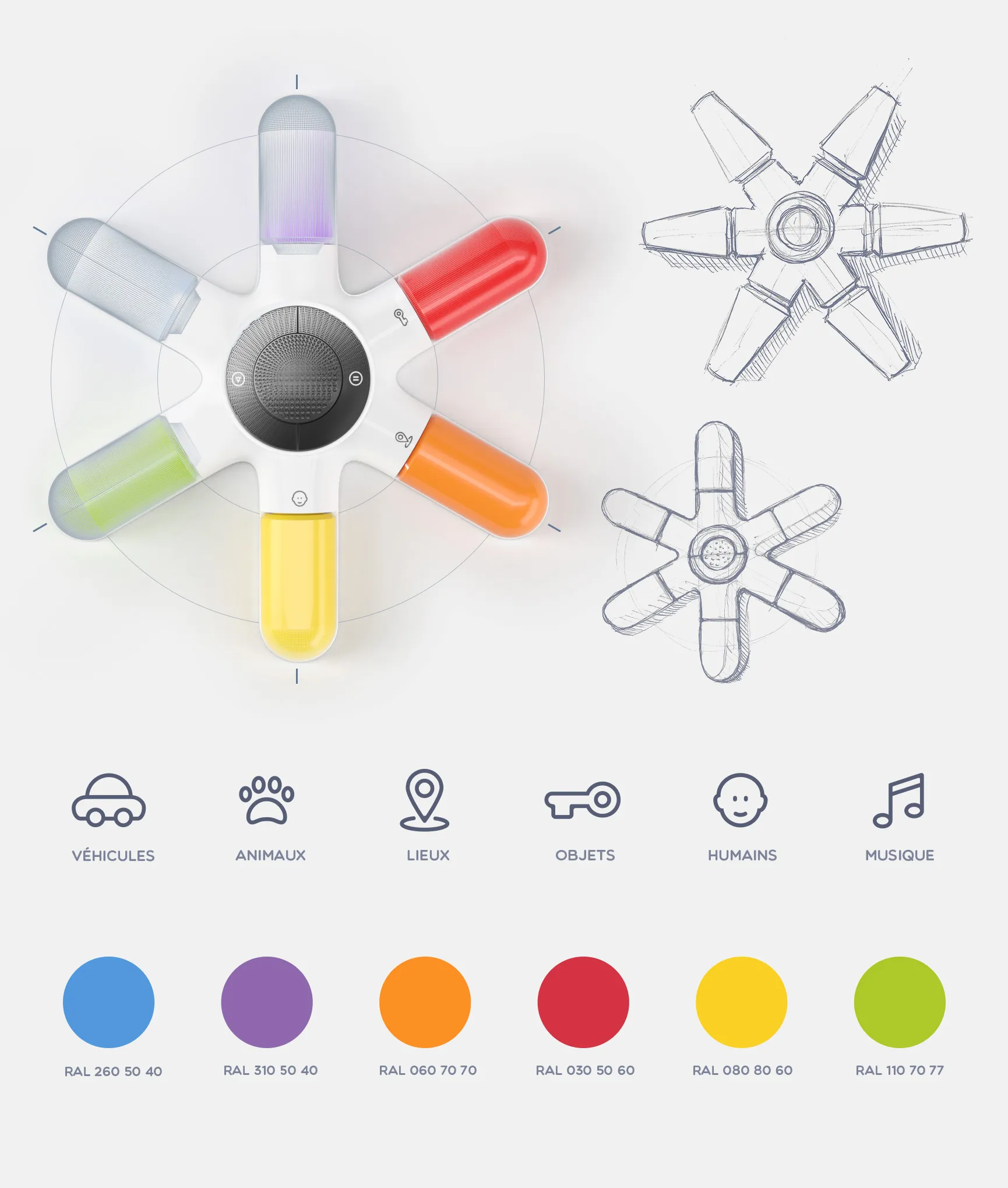 Design of the Memo Master sound memory game with colorful buttons, technical sketches and pictograms of animals, vehicles, locations and music.