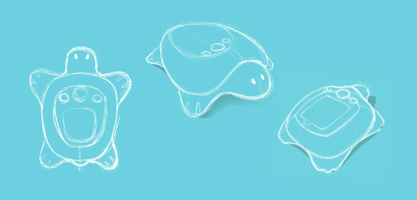 Preparatory sketches of Memo Animo characters on a blue background, with shape searches for the interface of the interactive memory game