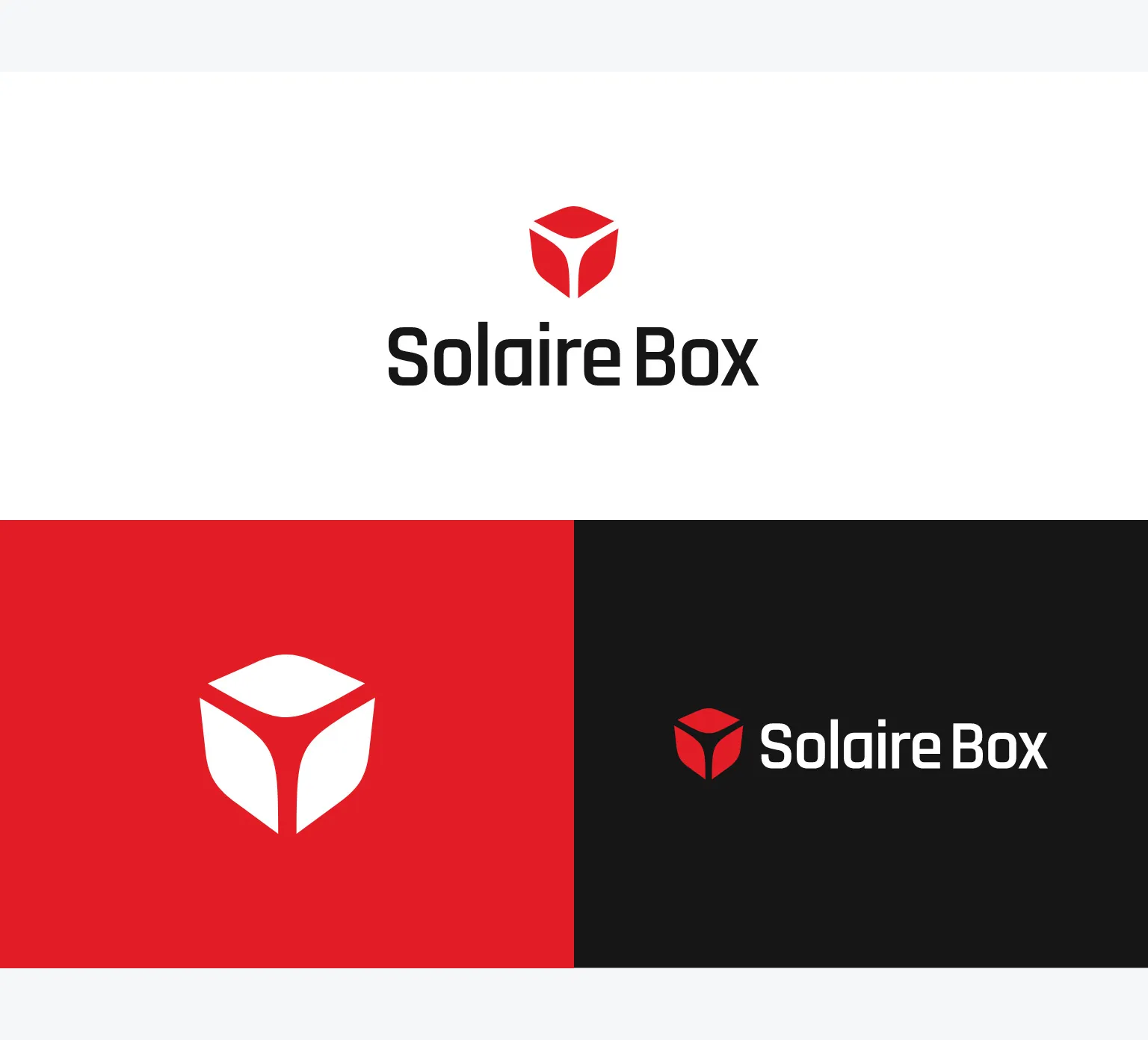 Variations of the Solaire Box logo, with red symbol in the shape of a stylized cube and versions on a white, red and black background