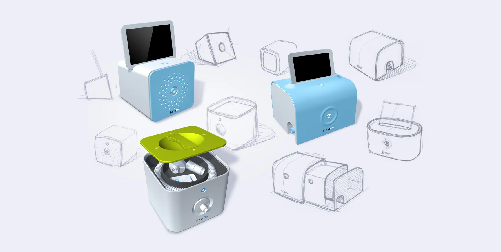 Product design board showing three color 3D models of the Simeox medical device (blue and green) and its accessories, surrounded by pencil research sketches