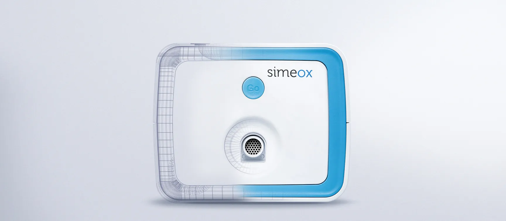 Dispositif médical Simeox sur fond blanc, appareil respiratoire connecté blanc et bleu pour physiothérapie, design produit PhysioAssist