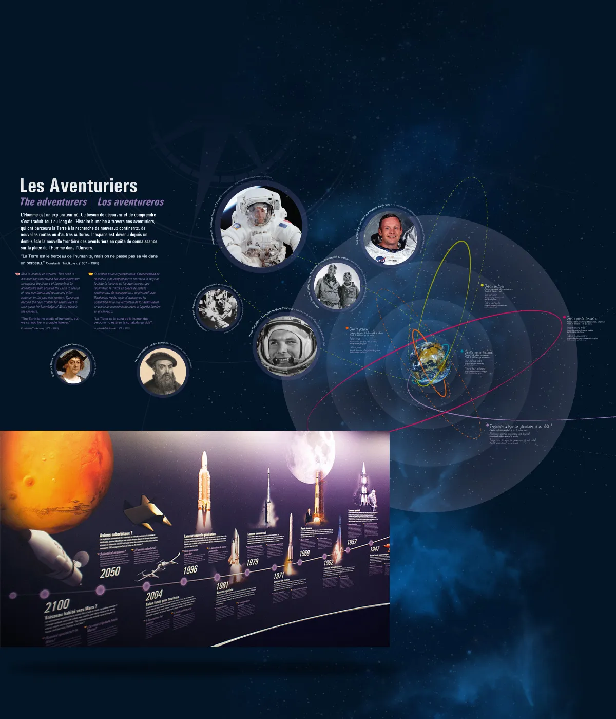 Cité de l'espace exhibition on the adventurers of space exploration, with portraits of astronauts, Earth orbits and timeline of space missions