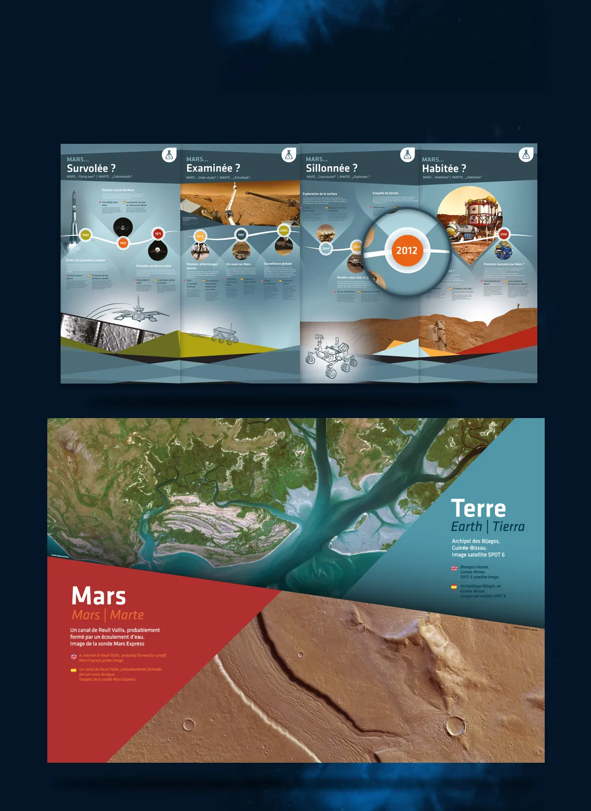 Cité de l'espace exhibition on Mars exploration and Earth observation, with timeline, Mars rover and satellite image
