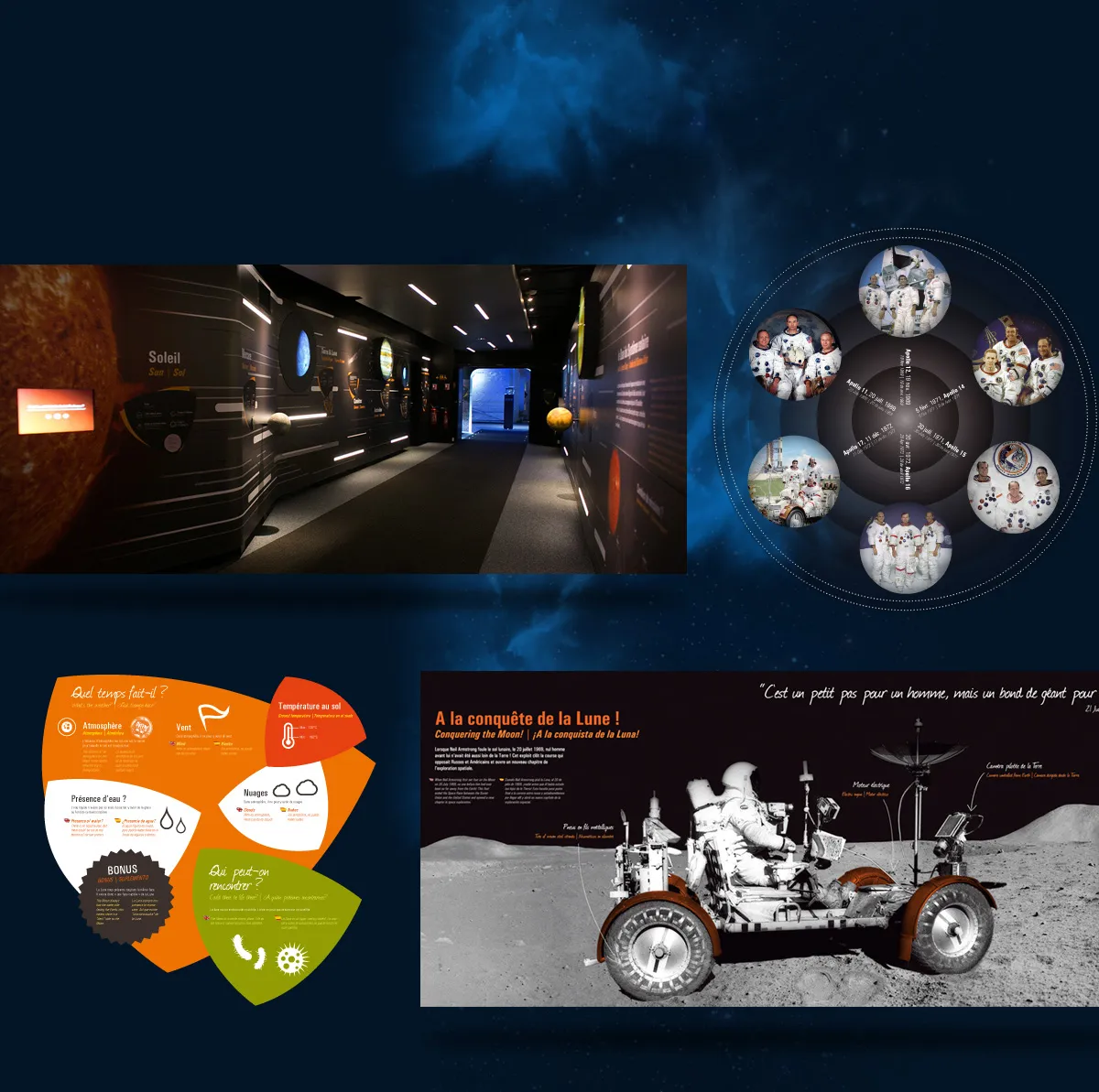 Cité de l'espace exhibition with immersive scenography, frieze of the solar system, conquest of the Moon and educational content on space exploration