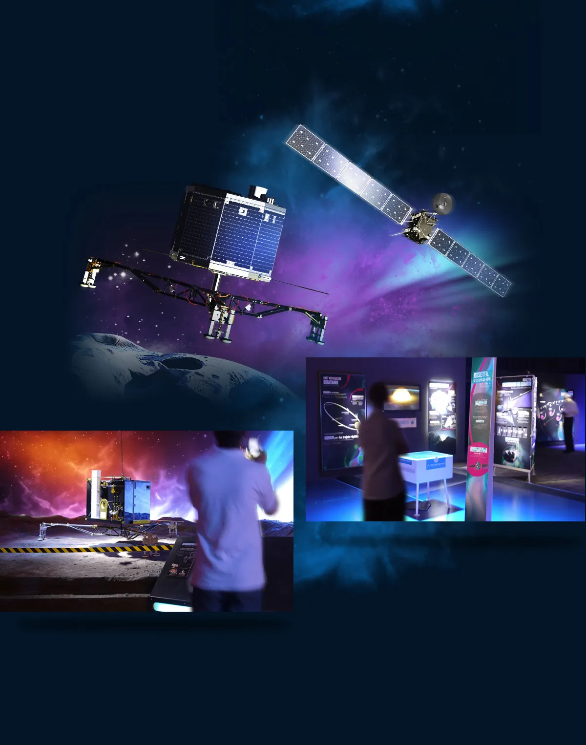 Cité de l'espace exhibition on the Rosetta mission, with space probes, Philae lander and immersive scenography around a comet