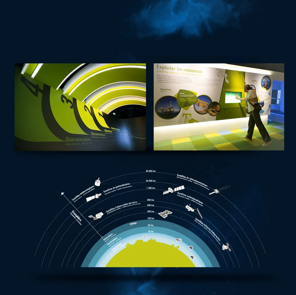 Cité de l'espace exhibition with green scenography, educational panels on space resources and diagram of satellites around the Earth