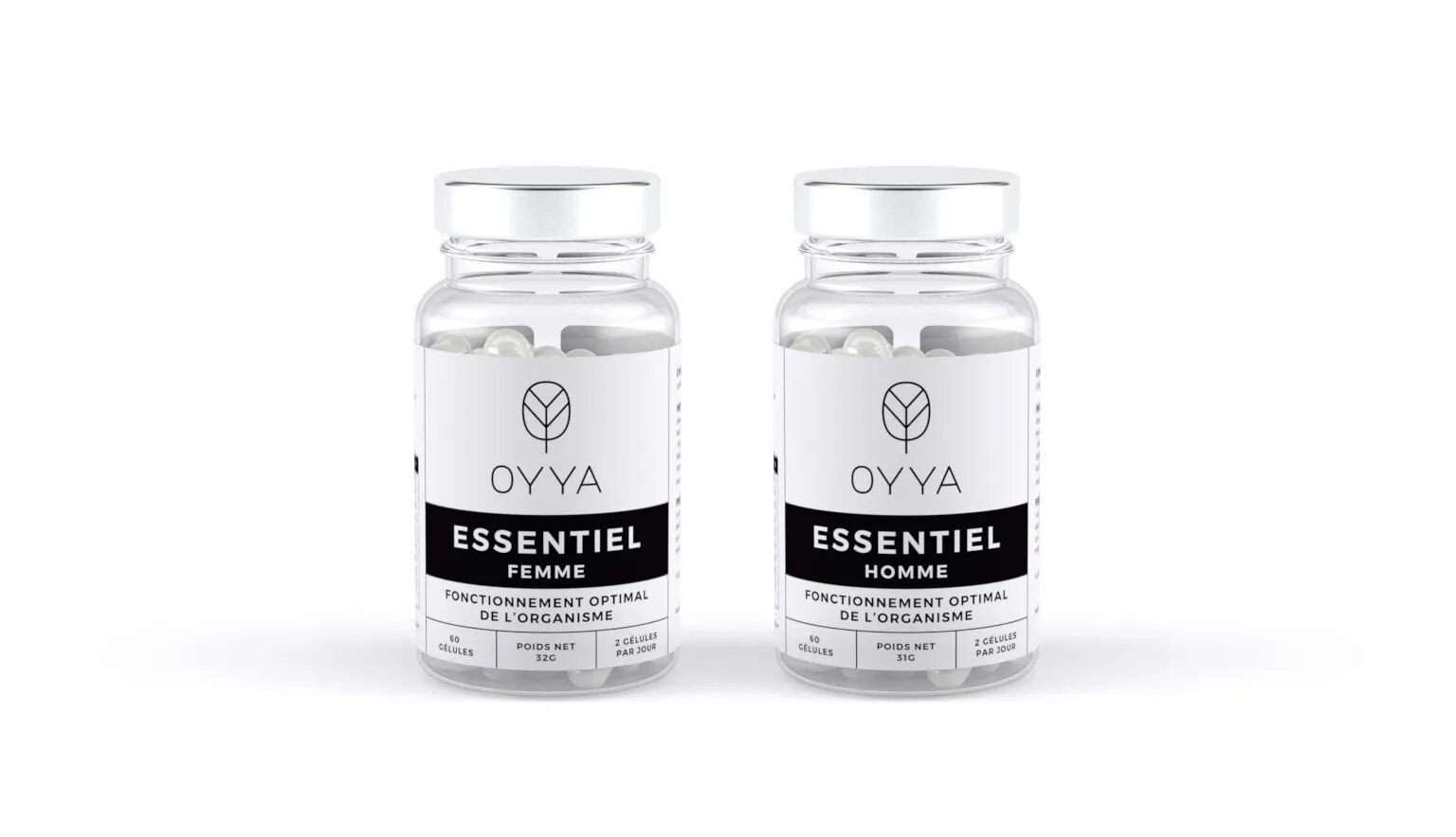 Oyya Essential Bottles for Women and Men, food supplements for the optimal functioning of the body, with minimalist black and white packaging