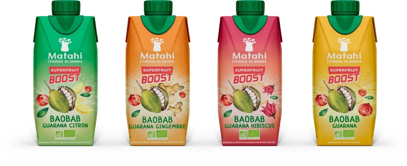 Matathi Superfruit Boost organic drink range with baobab, with four flavours guarana lemon, guarana ginger, guarana hibiscus and guarana