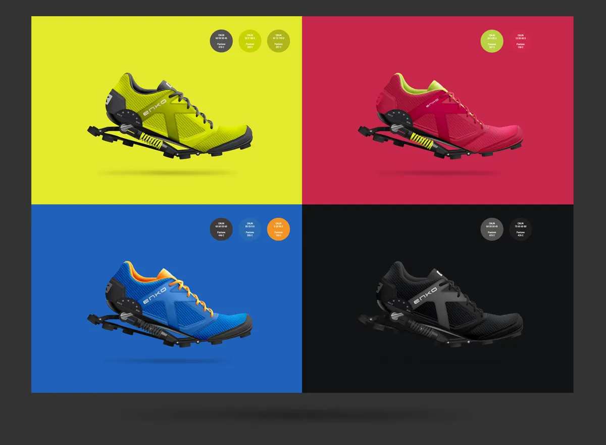 Enko range of running shoes with mechanical cushioning, available in several sporty colors on colored backgrounds