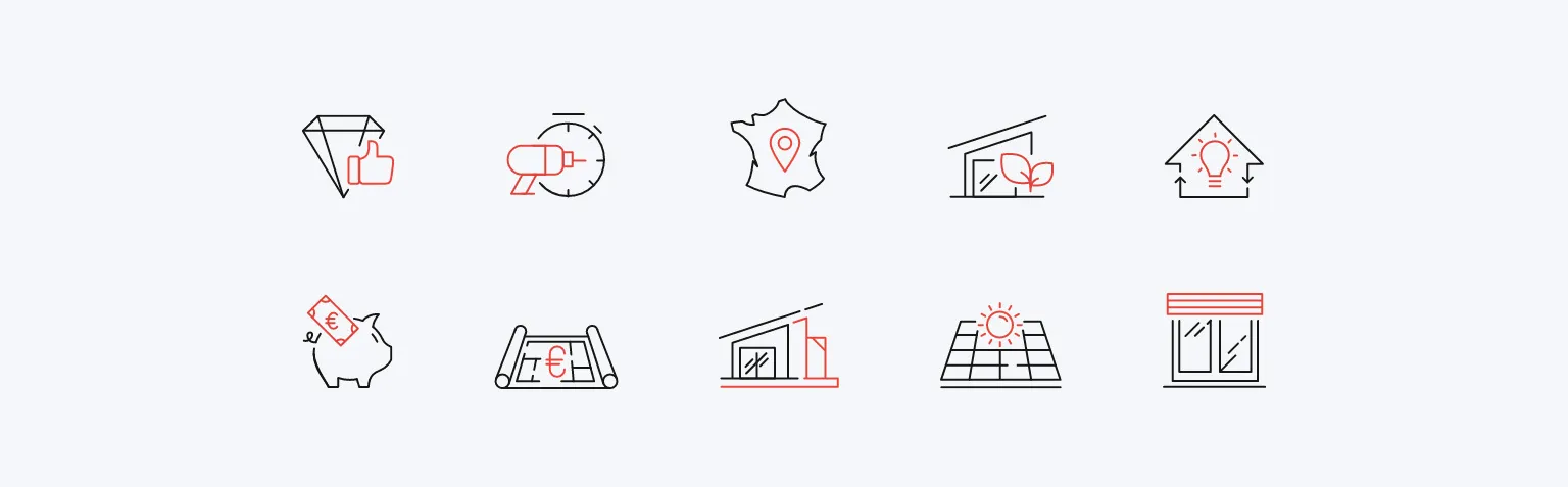 Solar Box icon library for eco-friendly solutions and autonomous homes, illustrating quality, energy, French manufacturing, sustainable housing, savings and solar panels
