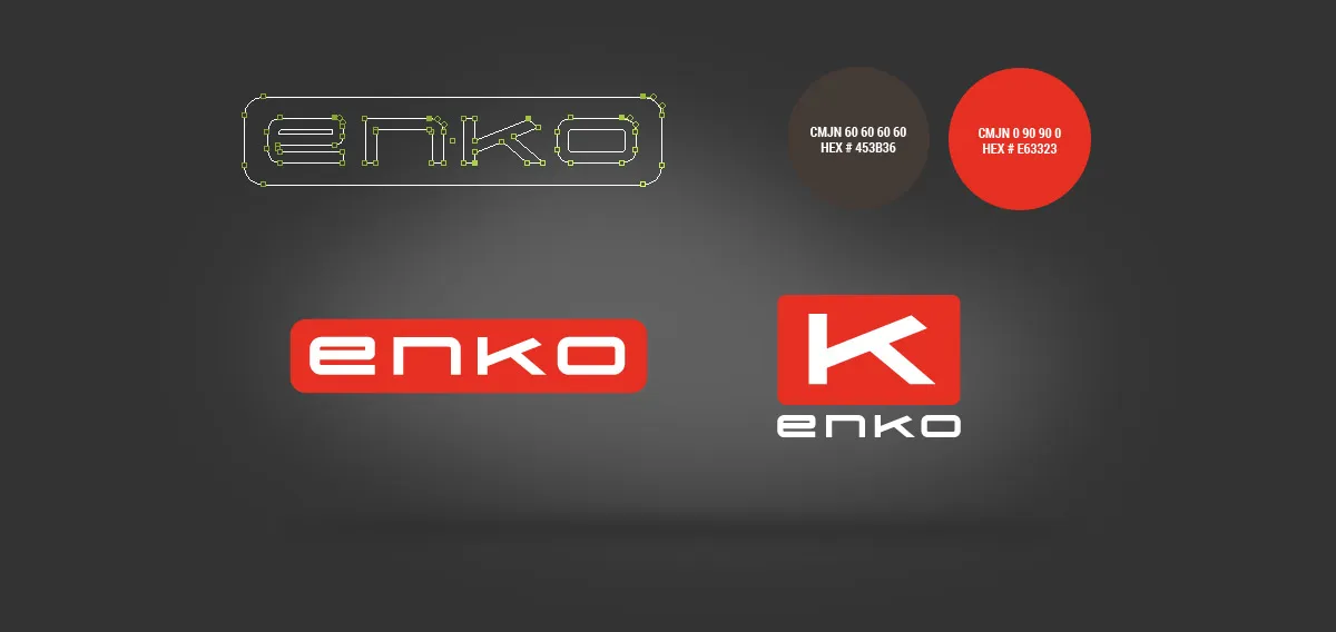 Enko visual identity sheet with logo construction, red and white versions, K monogram and color palette