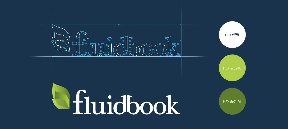 Fluidbook visual identity board with vector logo, leaf symbol and color palette midnight blue, white and green