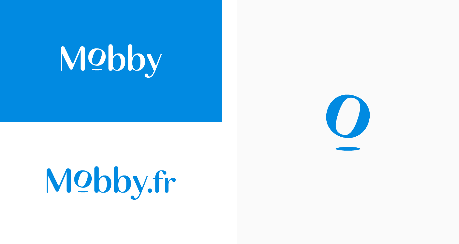 Variations of the Mobby visual identity, with white logo on a blue background, Mobby.fr address and blue "o" symbol used as a graphic element
