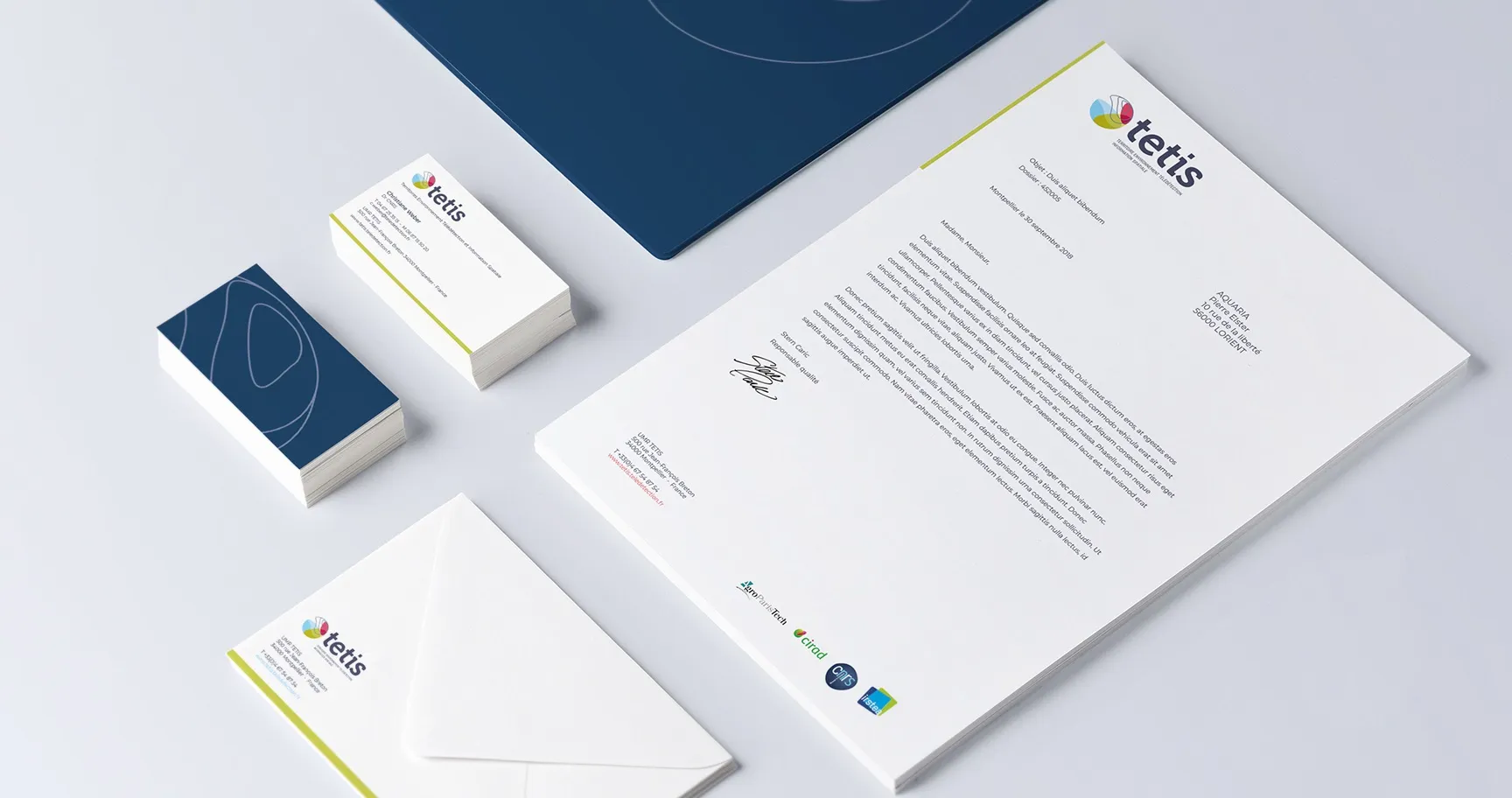 Identité visuelle Tetis déclinée sur papeterie, cartes de visite et en-tête courrier, design épuré bleu et blanc