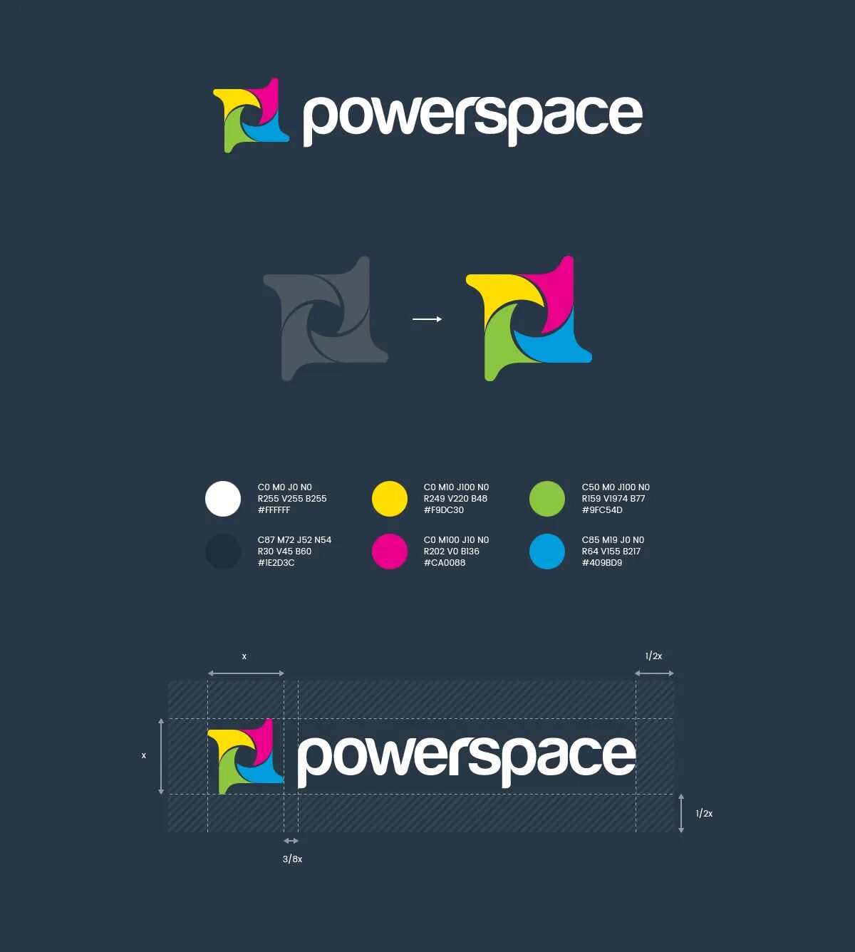 Powerspace visual identity sheet with logo, evolution of the graphic symbol and color palette for a digital marketing brand.