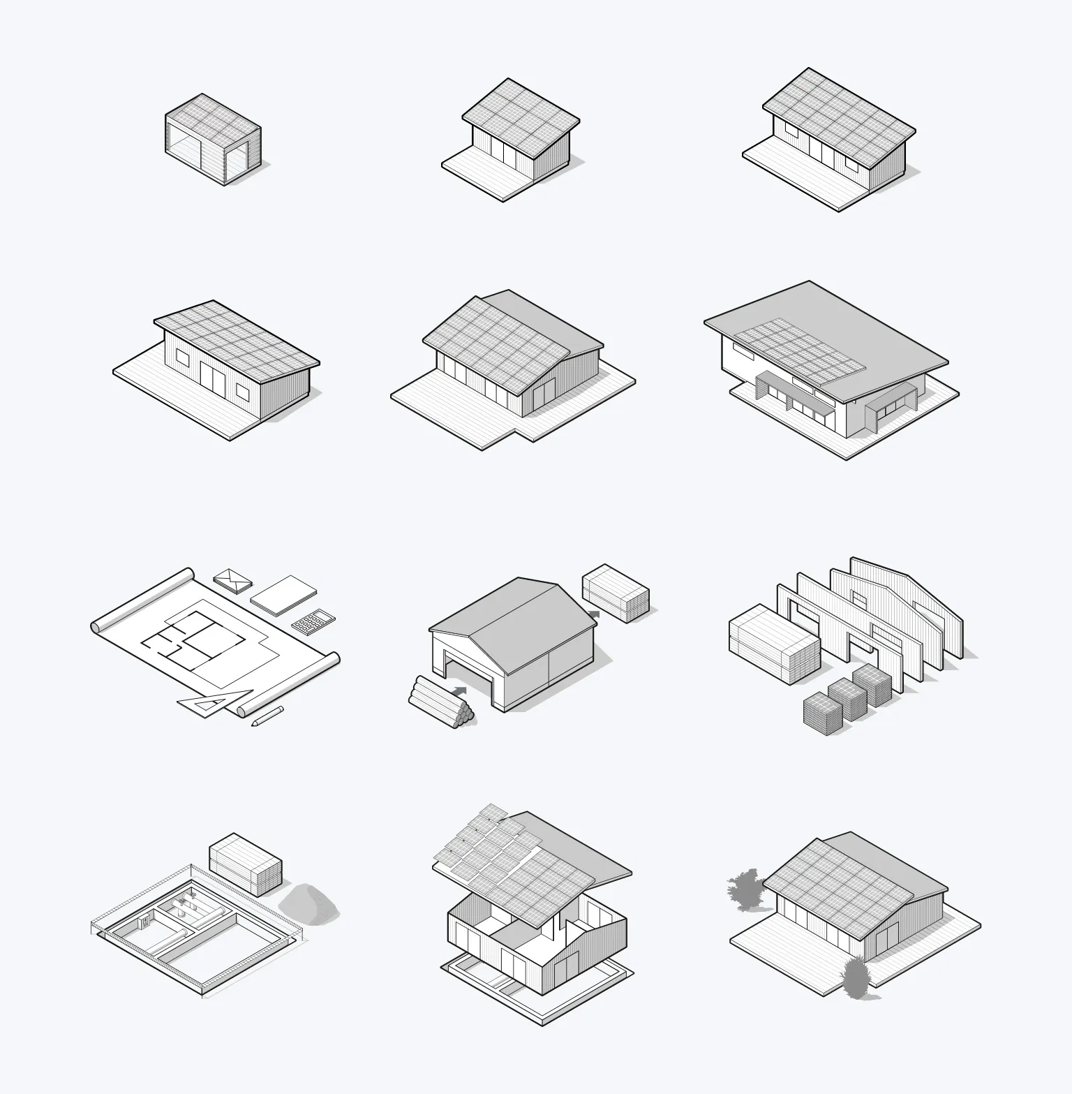 Solar Box technical illustrations showing different models of eco-friendly studios and houses, architectural plans, timber modules and construction stages