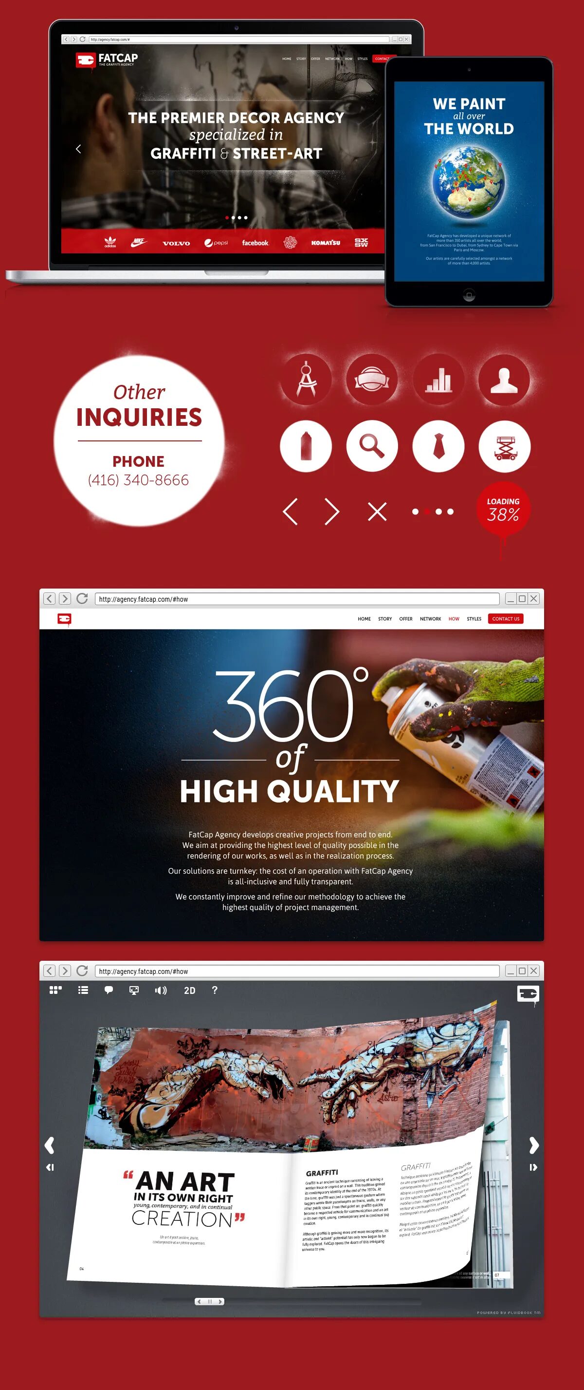 Fatcap digital interface for street art agency, with responsive website, tablet, pictograms and urban red graphic universe