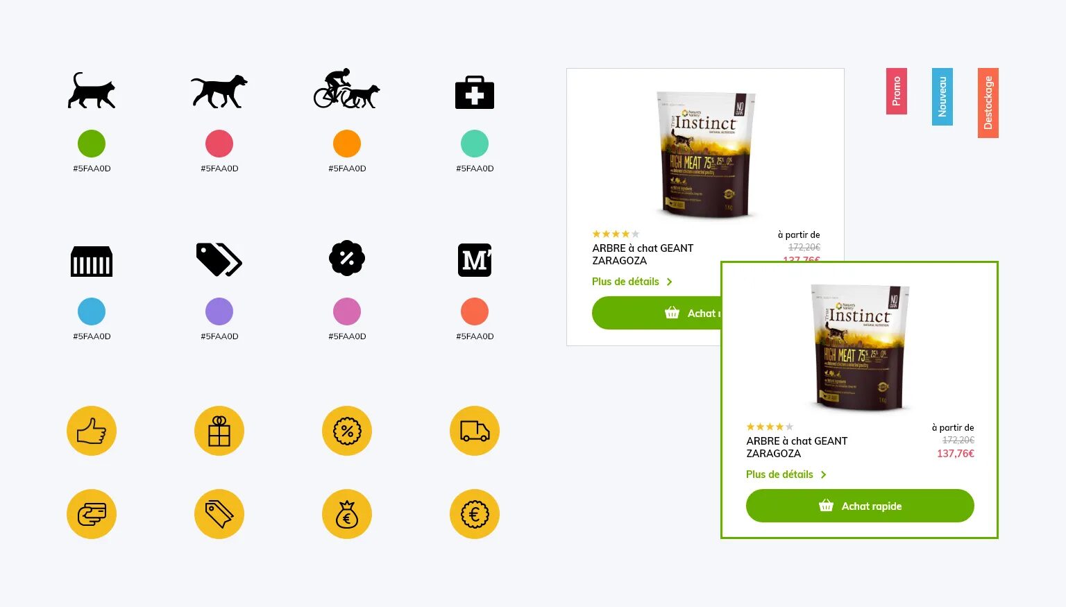 Polytrans e-commerce interface with category pictograms, color codes and product sheet for accessories and animal feed.