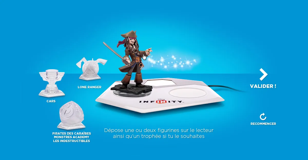 Disney Infinity interface showing the figure player, complete with Jack Sparrow character, adventure trophies and validation button