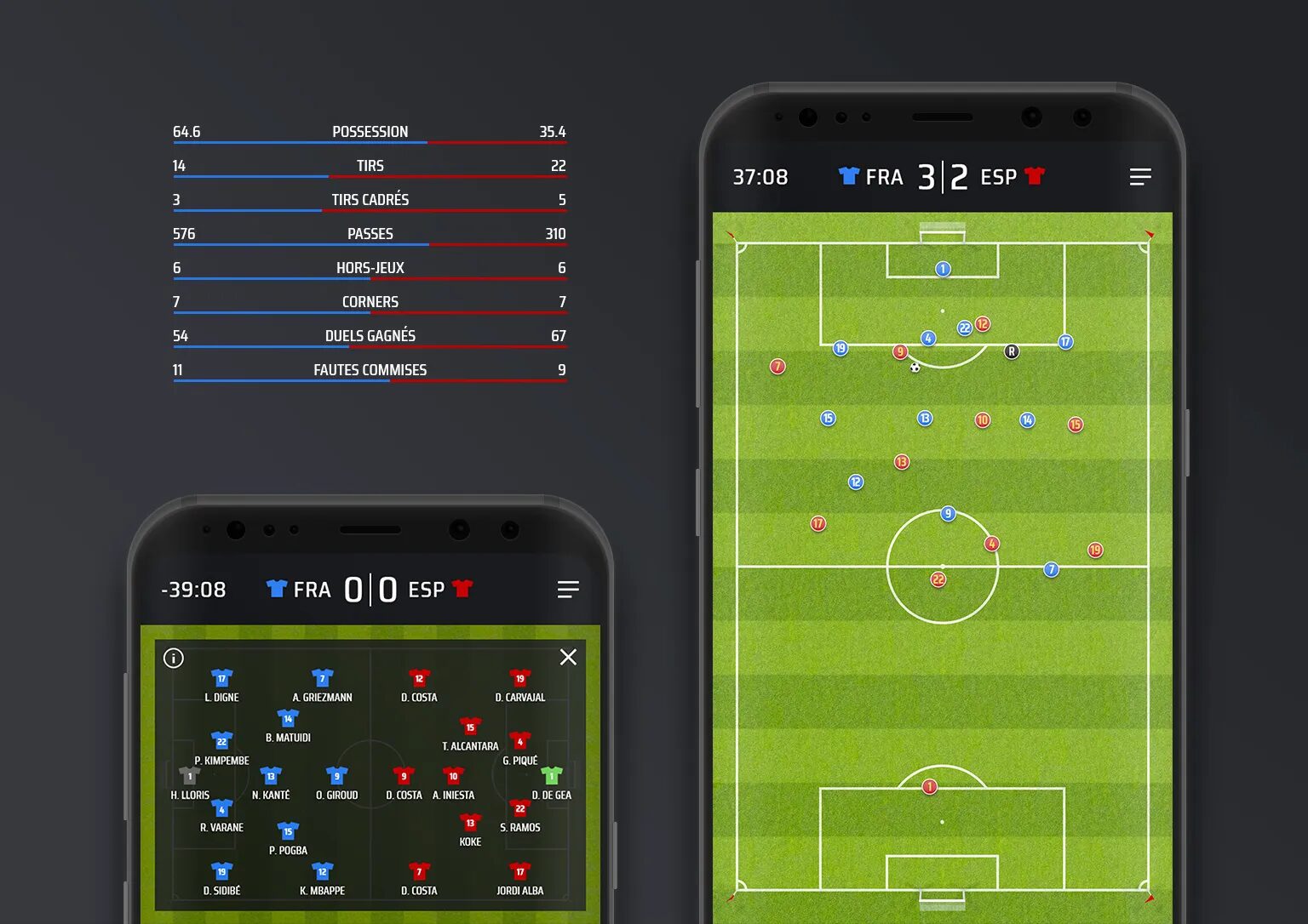 SkillCorner mobile interface displaying match statistics, team composition and player tracking on the football field in real time