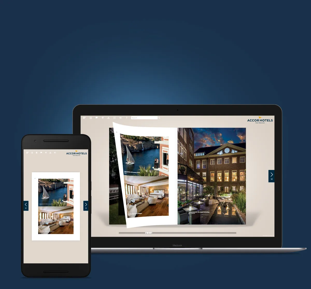 Responsive Fluidbook interface displaying an interactive Accor Hotels catalog on laptop and smartphone