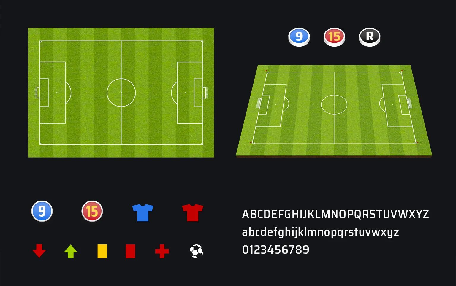 SkillCorner graphics kit for football analysis, with 2D and 3D pitches, player icons, jerseys, ball and dedicated typography