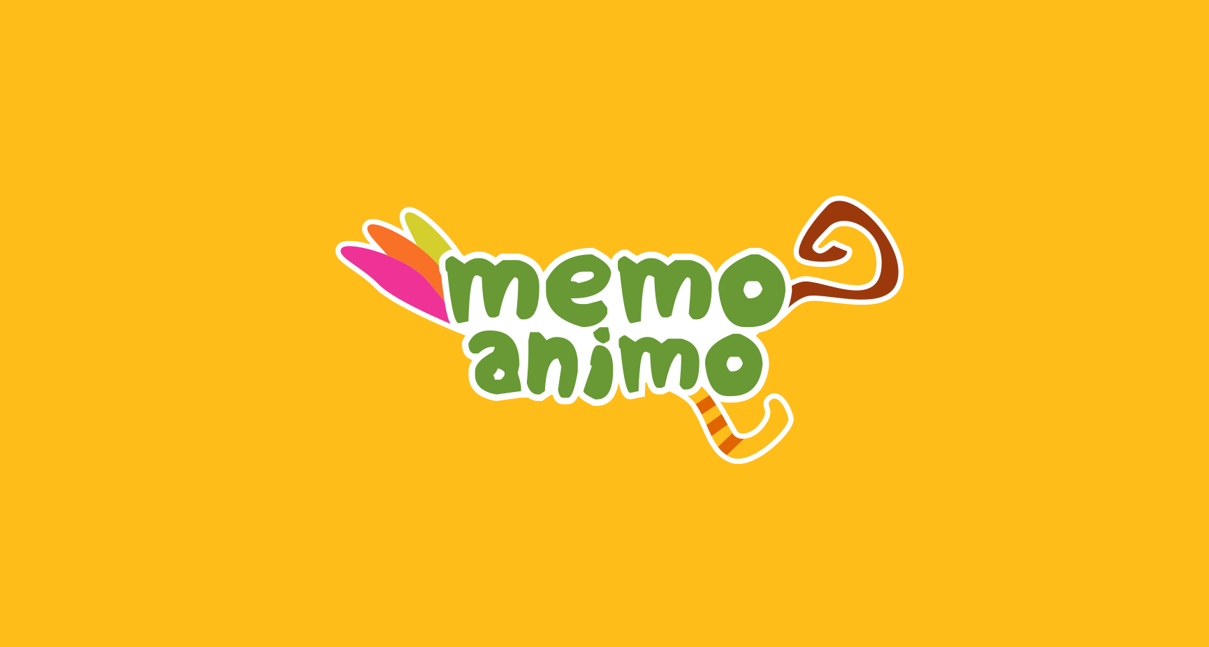 Memo Animo logo, interactive memory game for children, with playful green typography and animal illustrations on a yellow background