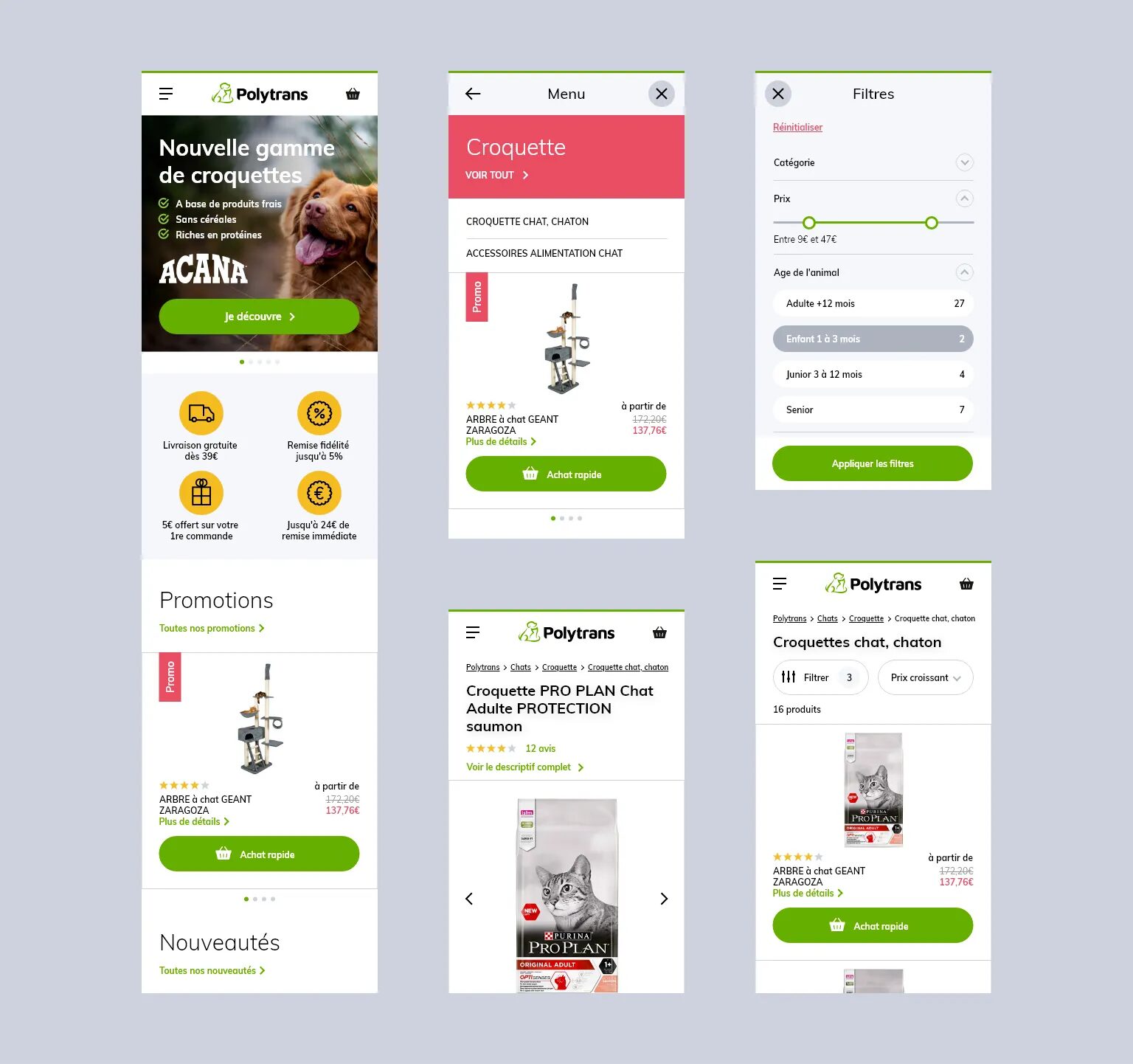 Mobile mock-ups of the Polytrans e-commerce site, presenting the home page, the menu, the filters, a product sheet and a list of kibbles for dogs and cats.