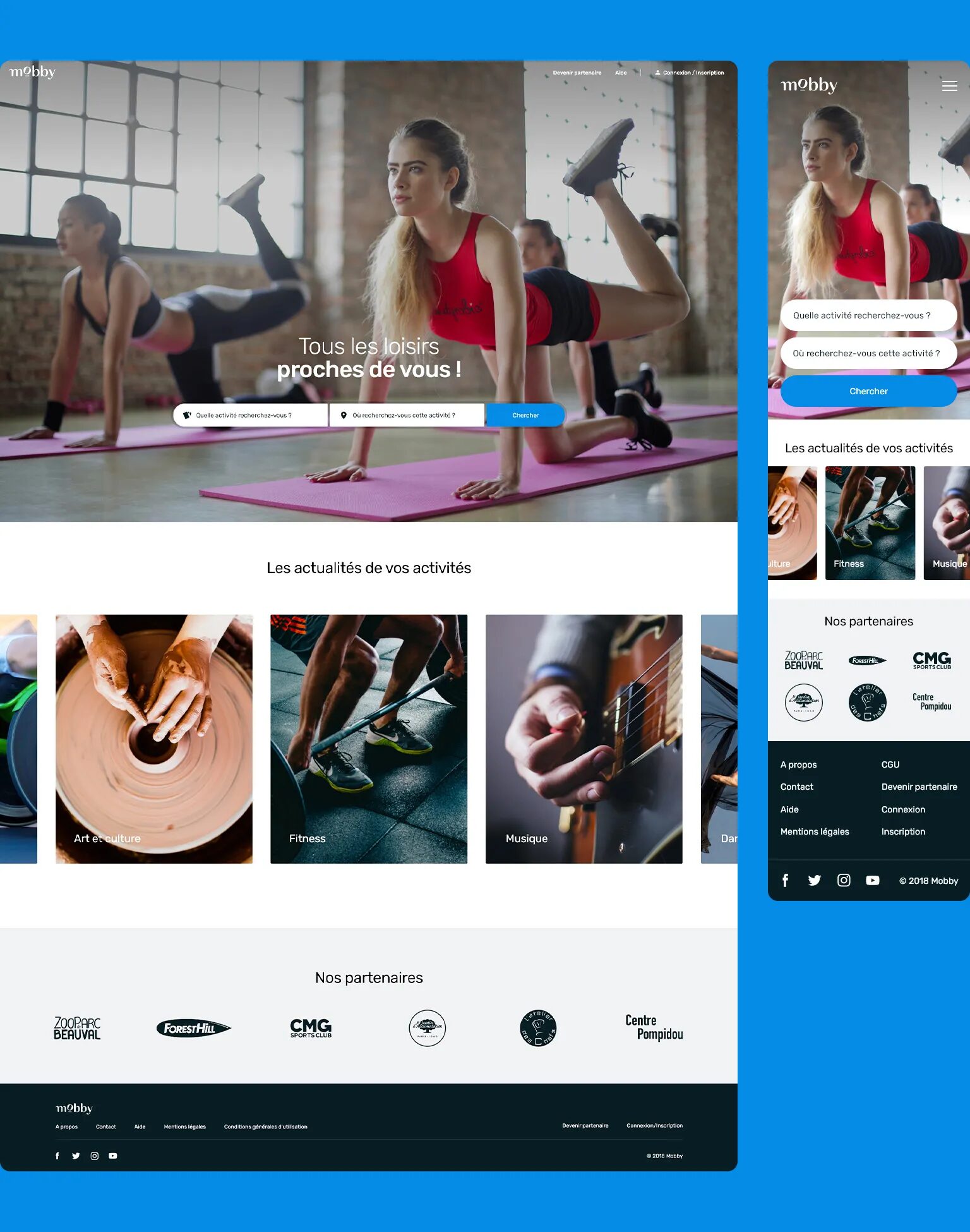 Desktop and mobile mockups of the Mobby website, search engine for leisure activities, with home page, search bar, news, partners and responsive navigation