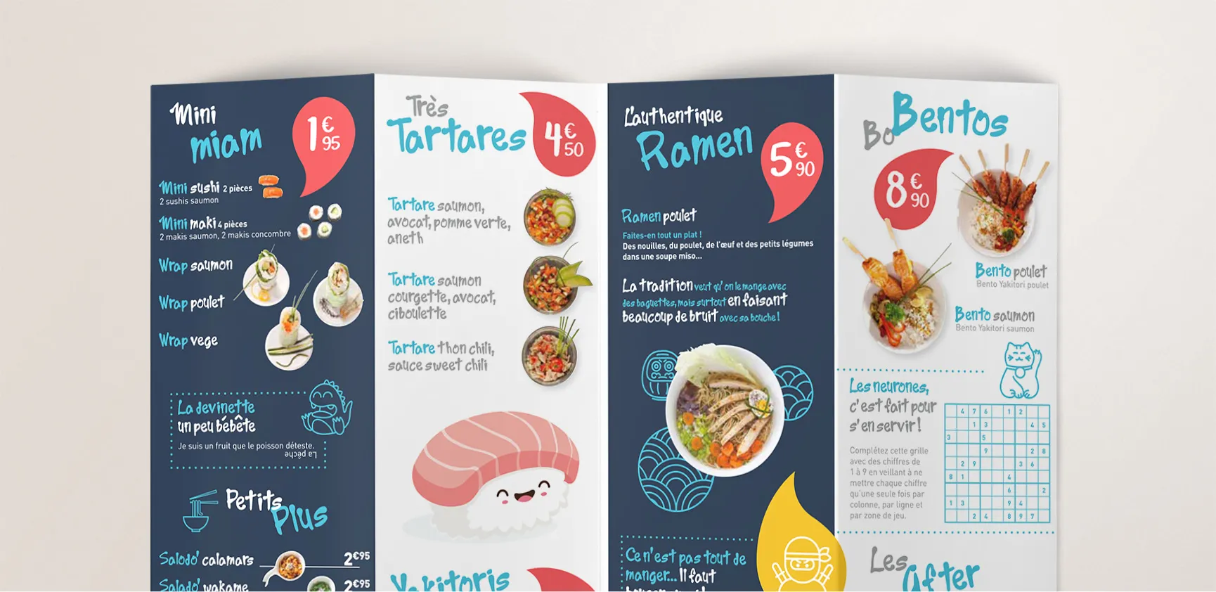 Go Sushi menu with sushi, tartars, ramen and bento boxes, presented in a colorful Japanese graphic identity