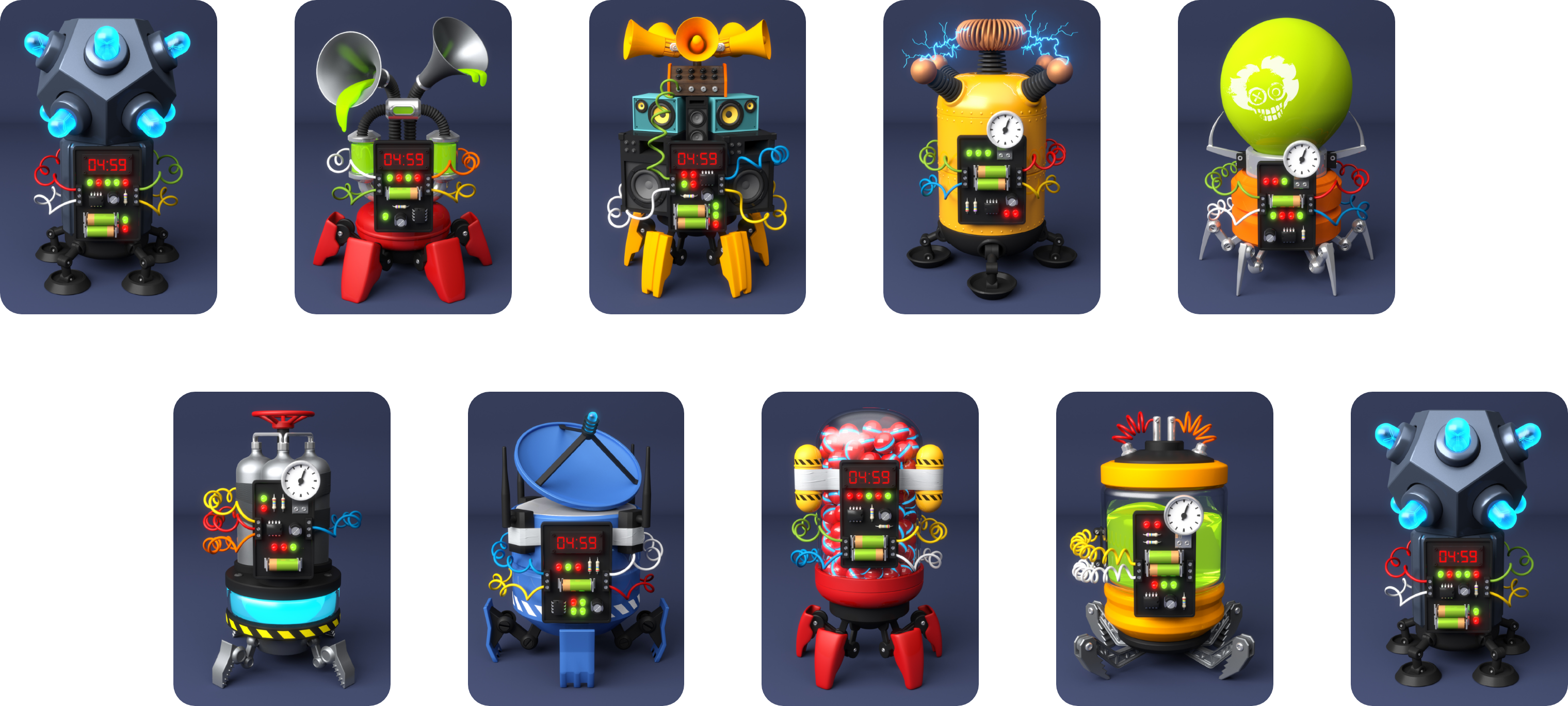 3D models of the different types of robots and bosses to face in STOP THE ROBOTS