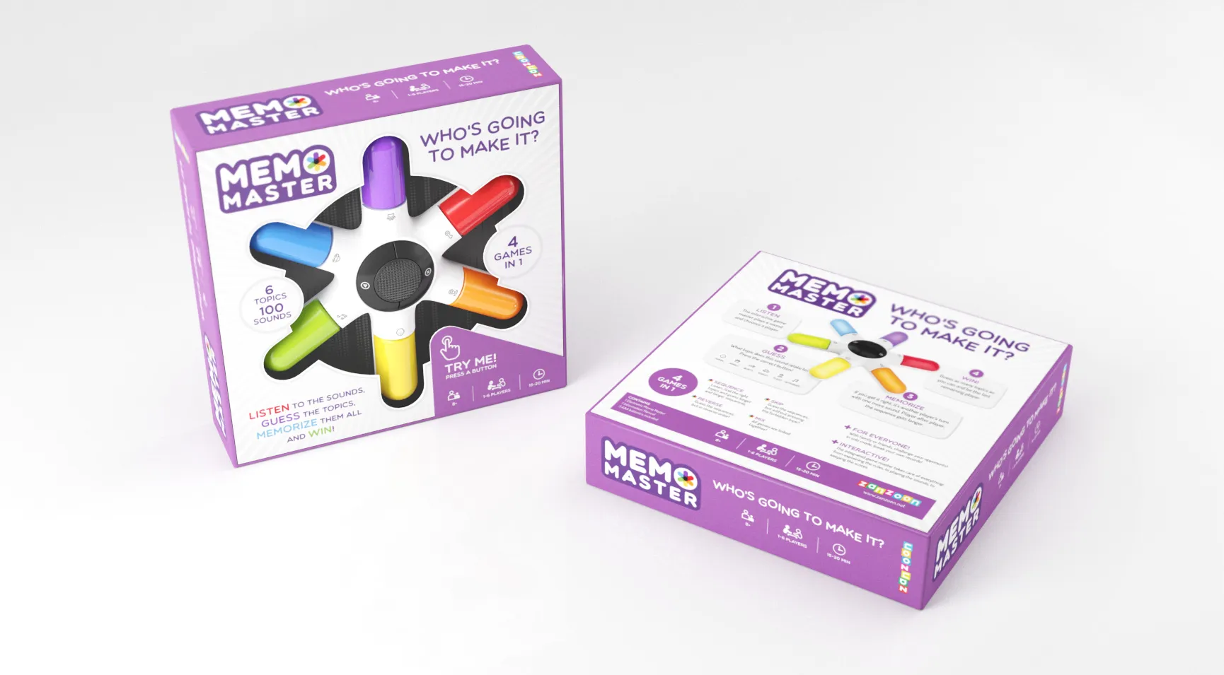 Packaging of the Memo Master sound memory game, with purple box, visual of the colorful interactive toy and children's game rules.